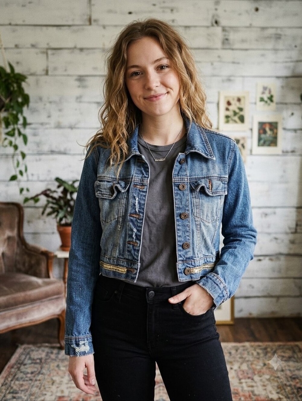 Paris Blues Cropped Denim Jacket Medium Sequin Gold Trim Distressed Y2K Boho